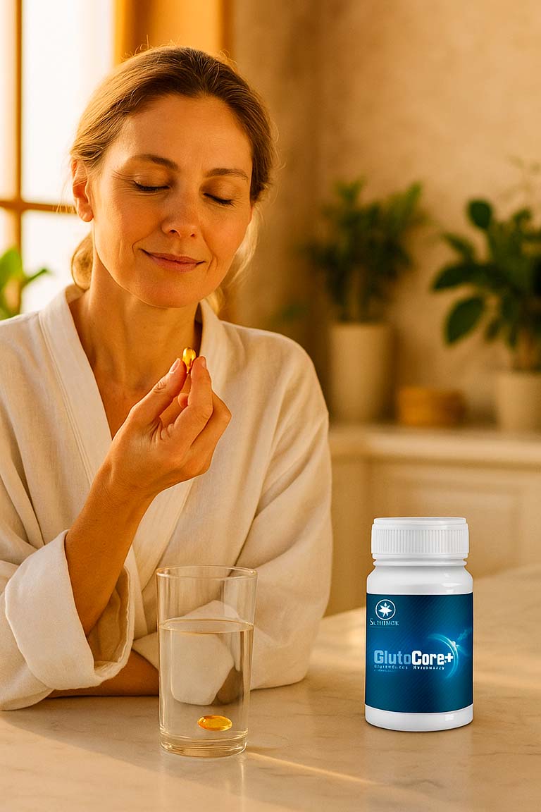 Mujer en ritual matutino con GlutaCore+